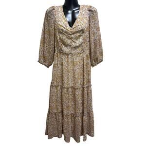 Sincerely Jules Floral Dress L Yellow Cottagecore Boho Midi/Maxi Lined Smocking